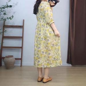 Organic Ramie Tied Waist Yellow Floral Resort Dress