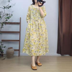 Organic Ramie Tied Waist Yellow Floral Resort Dress