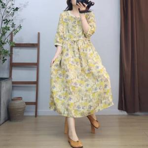 Organic Ramie Tied Waist Yellow Floral Resort Dress