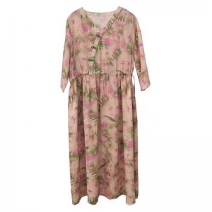 Frog Button V-neck Printed Pink Ramie Hawaii Dress