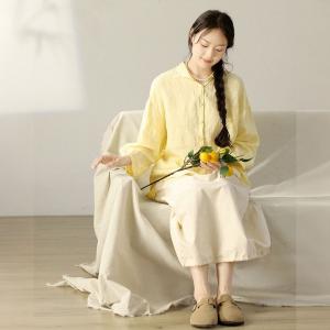 Long Sleeves Baby Yellow Linen Shirt for Women