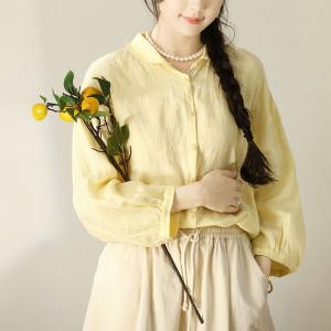 Long Sleeves Baby Yellow Linen Shirt for Women