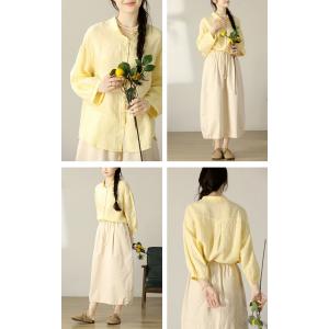 Long Sleeves Baby Yellow Linen Shirt for Women