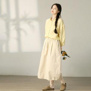 Long Sleeves Baby Yellow Linen Shirt for Women