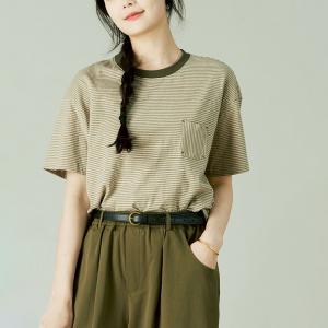 Short Sleeves Green Striped Cotton T-shirt