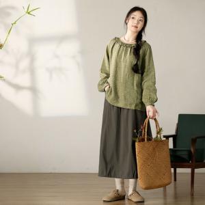 Lotus Leaf Collar Green Plaid Linen Peasant Blouse