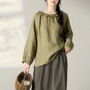 Lotus Leaf Collar Green Plaid Linen Peasant Blouse