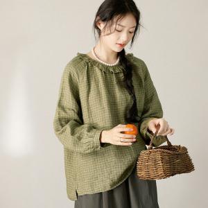 Lotus Leaf Collar Green Plaid Linen Peasant Blouse