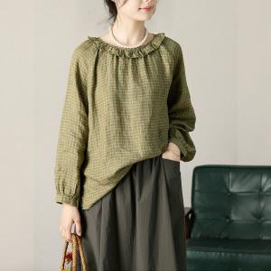 Lotus Leaf Collar Green Plaid Linen Peasant Blouse