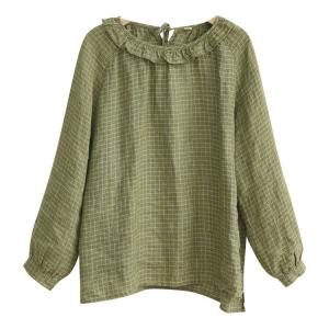 Lotus Leaf Collar Green Plaid Linen Peasant Blouse