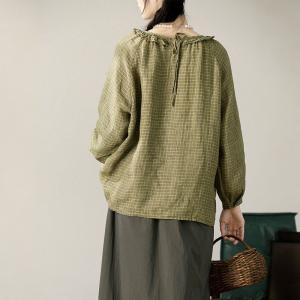 Lotus Leaf Collar Green Plaid Linen Peasant Blouse