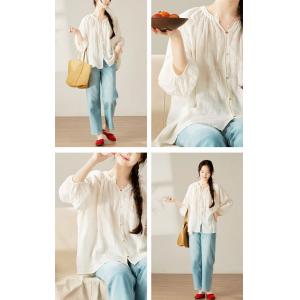 Colorful Buttons Casual Oversized Linen White Blouse