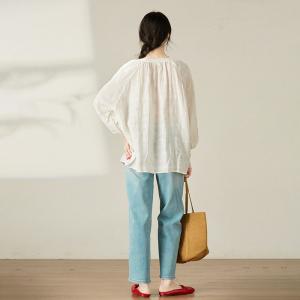 Colorful Buttons Casual Oversized Linen White Blouse