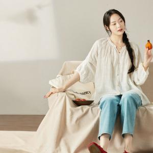 Colorful Buttons Casual Oversized Linen White Blouse