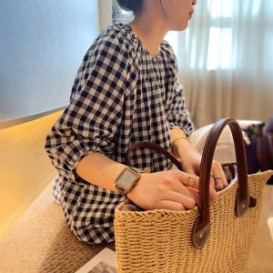 Puff Sleeve Cotton Plaid Loose Blouse