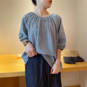 Puff Sleeve Cotton Plaid Loose Blouse