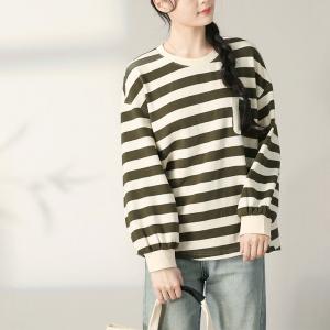 Chest Pocket Chunky Striped Cotton Sweatshirt