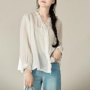 Cozy Breathable Ramie Loose Ruffle Blouse