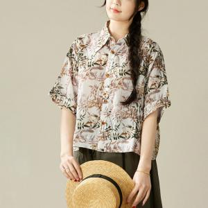 Leaf Printed Polo Neck Ramie Short Blouse