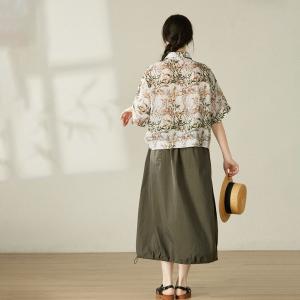 Leaf Printed Polo Neck Ramie Short Blouse