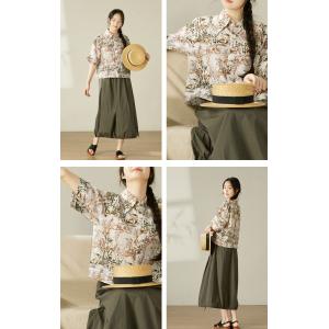 Leaf Printed Polo Neck Ramie Short Blouse