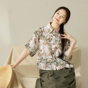 Leaf Printed Polo Neck Ramie Short Blouse