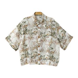 Leaf Printed Polo Neck Ramie Short Blouse