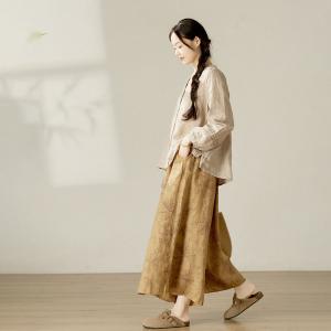 Leaf Patterned Drawstring Waist Linen Wide Leg Pants