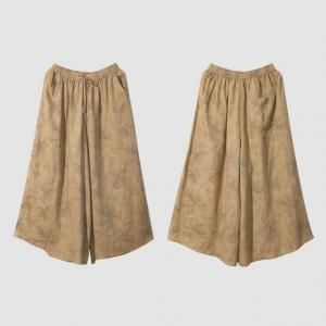 Leaf Patterned Drawstring Waist Linen Wide Leg Pants