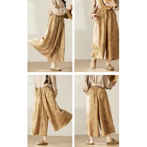 Leaf Patterned Drawstring Waist Linen Wide Leg Pants