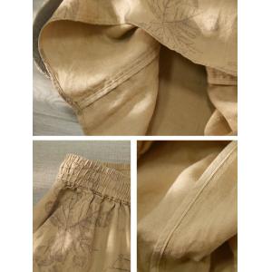 Leaf Patterned Drawstring Waist Linen Wide Leg Pants