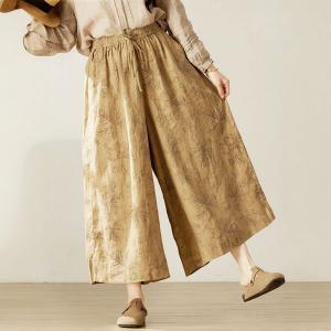 Leaf Patterned Drawstring Waist Linen Wide Leg Pants