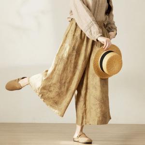 Leaf Patterned Drawstring Waist Linen Wide Leg Pants