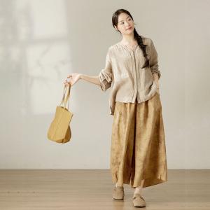 Leaf Patterned Drawstring Waist Linen Wide Leg Pants