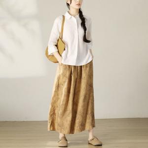 Leaf Patterned Drawstring Waist Linen Wide Leg Pants