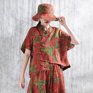 Handmade Chinese Buttons Printed Linen Qipao Blouse