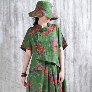 Handmade Chinese Buttons Printed Linen Qipao Blouse