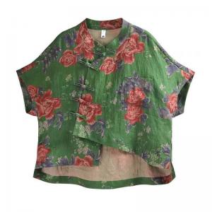 Handmade Chinese Buttons Printed Linen Qipao Blouse