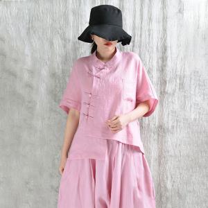 Mandarin Collar Pastel Colored Linen Customized Blouse