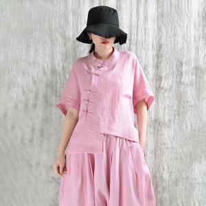 Mandarin Collar Pastel Colored Linen Customized Blouse