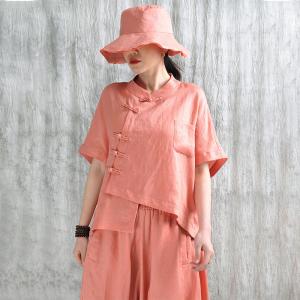 Mandarin Collar Pastel Colored Linen Customized Blouse