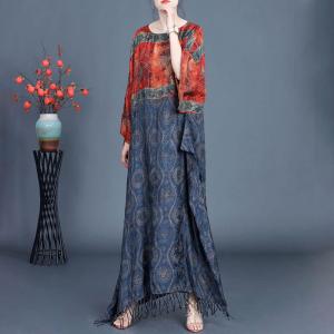 Folk Printed Elegant Loose Tassel Dress