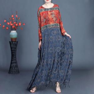 Folk Printed Elegant Loose Tassel Dress