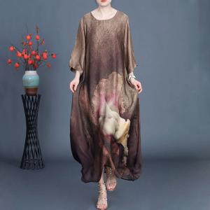 Crew Neck Silk Loose Printed Silk Shift Dress