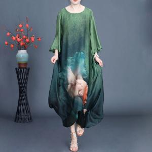 Crew Neck Silk Loose Printed Silk Shift Dress