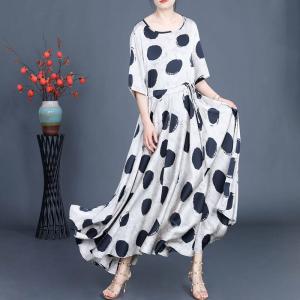 Rose Printed Tied Waist Polka Dot Dress