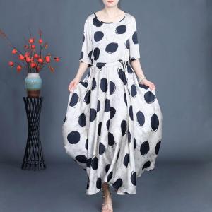 Rose Printed Tied Waist Polka Dot Dress