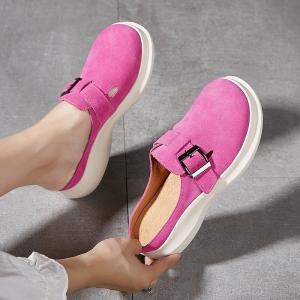 Suede Leather Buckle Wide Toe Wedge Slippers