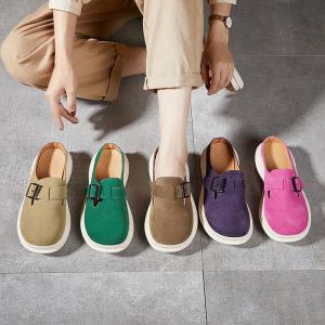 Suede Leather Buckle Wide Toe Wedge Slippers