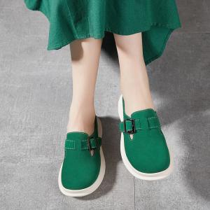 Suede Leather Buckle Wide Toe Wedge Slippers